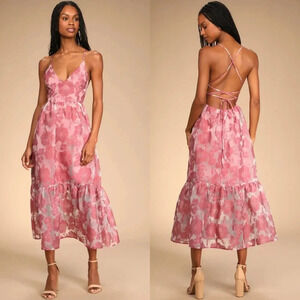 Lulu's Feeling Like Forever Rose Jacquard Organza Lace-Up Midi Dress M Wedding